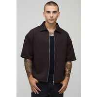 Kurzärmliges Oversize Scuba-Hemd mit Reißverschluss - Braun - L, Braun von boohooman