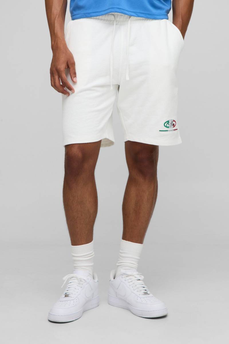 Lockere mittellange Shorts mit Italia-Stickerei - Ecru - M, Ecru von boohooman