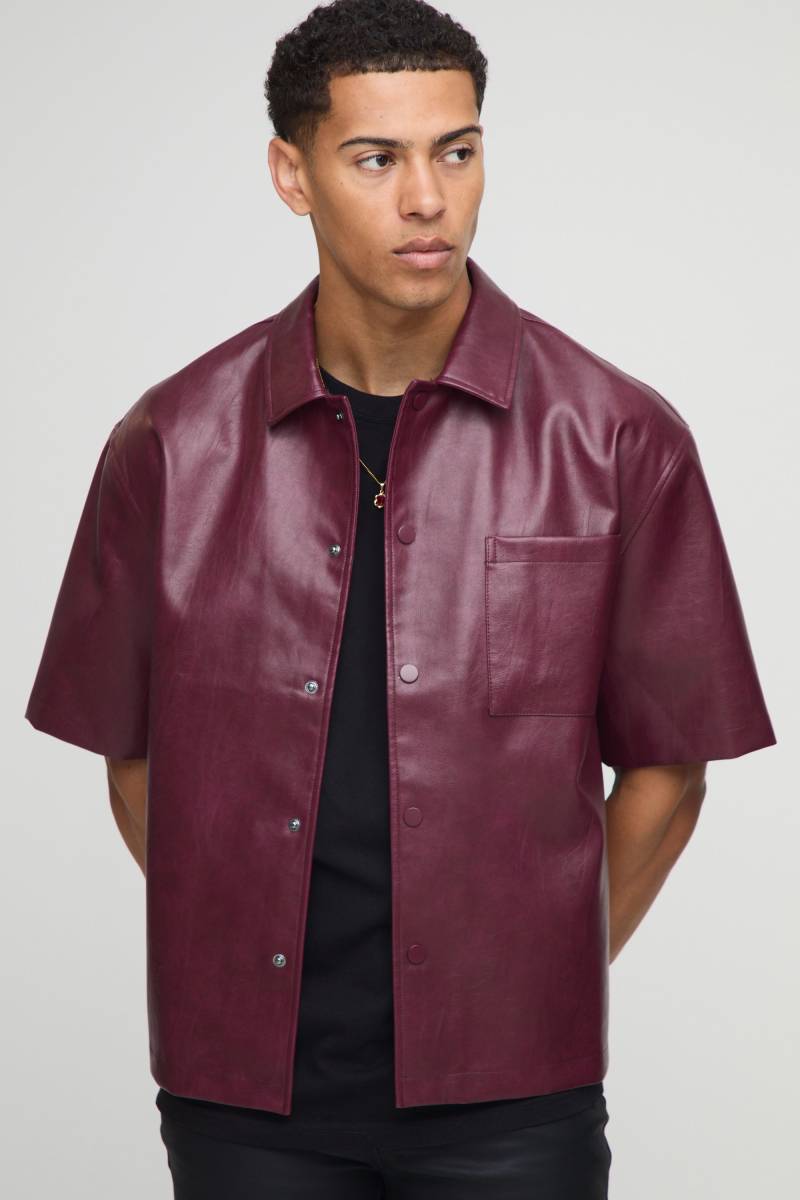 Oversized Short Sleeve PU Collared Overshirt - Burgund - M, Burgund von boohooman