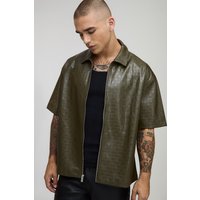 Short Sleeve PU Woven Boxy Zip Up Overshirt - Khaki - M, Khaki von boohooman