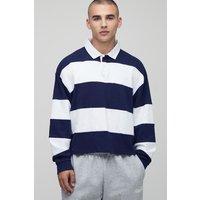 Langärmliges kastiges gestreiftes Oversize Rugby-Poloshirt - Blau - S, Blau von boohooman