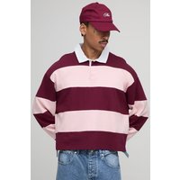 Langärmliges kastiges gestreiftes Oversize Rugby-Poloshirt - Burgund - XL, Burgund von boohooman