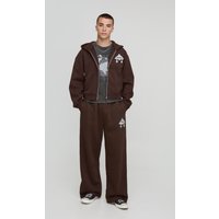 Shrunken Fit Cow Print Cross Applique Zip Through Hoodie - Braun - XL, Braun von boohooman
