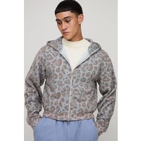 Shrunken Fit Leopard Print Zip Through Hoodie - Grau - L, Grau von boohooman