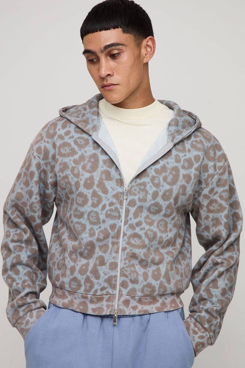 Shrunken Fit Leopard Print Zip Through Hoodie - Grau - XL, Grau von boohooman
