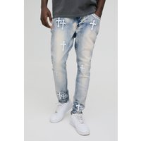 Skinny Jeans mit PU-Kreuz Applikation - Blau - 36R, Blau von boohooman