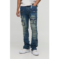 Skinny Stacked Multi Cargo Pocket Flared Jeans - Blau - 30R, Blau von boohooman