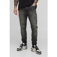 Graue Skinny Stretch Jeans mit Rissen und Kette - 30R, Grau von boohooman