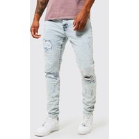 Skinny Stretch Jeans in Knitteroptik mit Riss an Knie - Blau - 38, Blau Skinny Stretch Jeans in Knitteroptik mit Riss an Knie - Blau - 38, Blau von boohooman