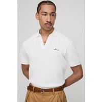 Strukturiertes Slim-Fit Poloshirt mit BM Signature Stickerei und V-Ausschnitt - Weiß - L, Weiß von boohooman