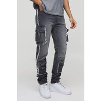 Slim-Fit Cargo-Jeans mit Druckknöpfen - Grau - 30R, Grau von boohooman