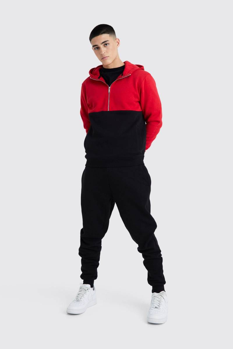 Slim-Fit Colorblock Trainingsanzug mit Reißverschluss - Rot - M, Rot von boohooman