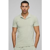Slim-Fit Frottee Poloshirt - Grün - L, Grün von boohooman