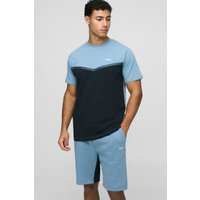 Slim-Fit Man Colorblock T-Shirt und Shorts - Blau - L, Blau von boohooman