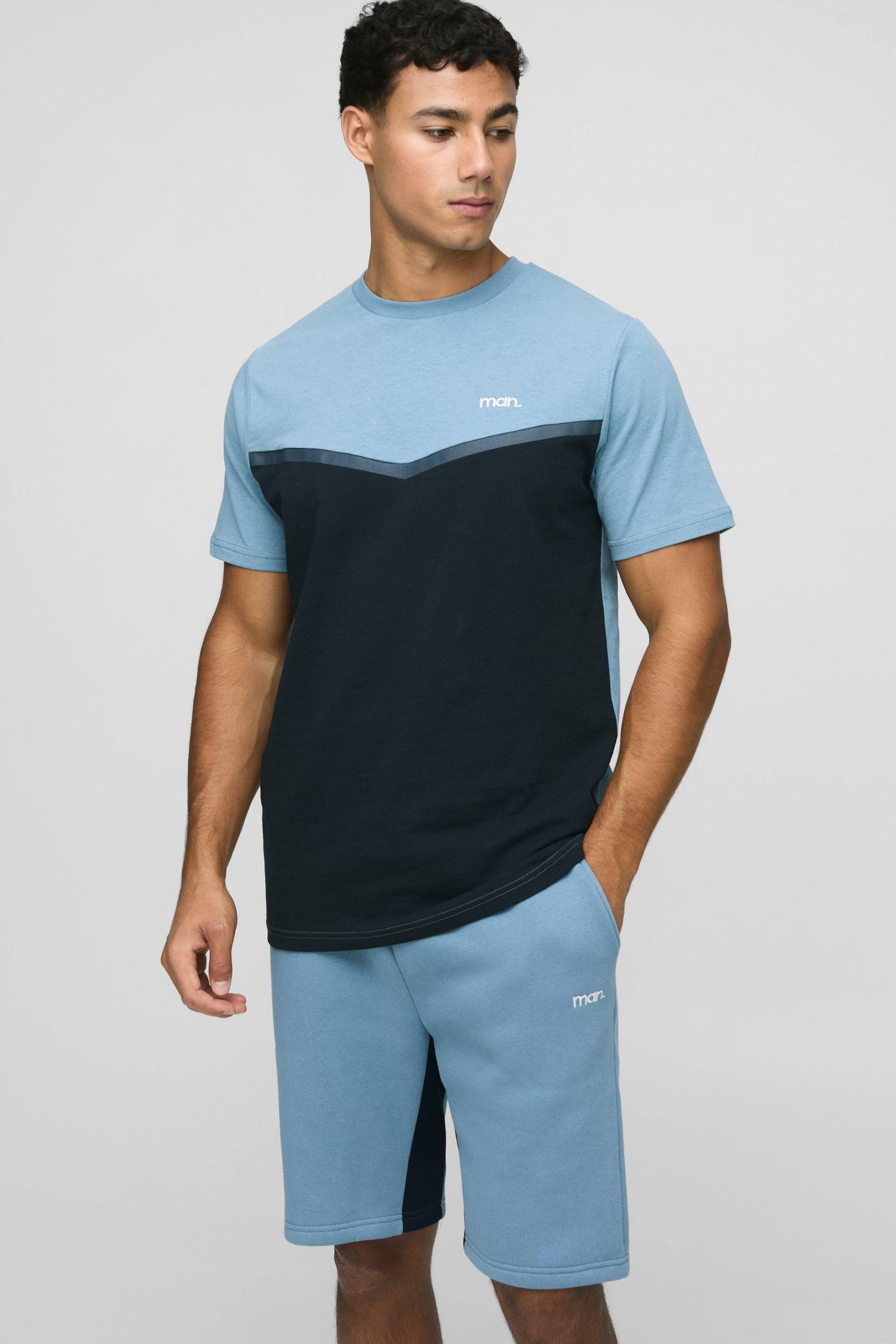 Slim-Fit Man Colorblock T-Shirt und Shorts - Blau - XL, Blau von boohooman