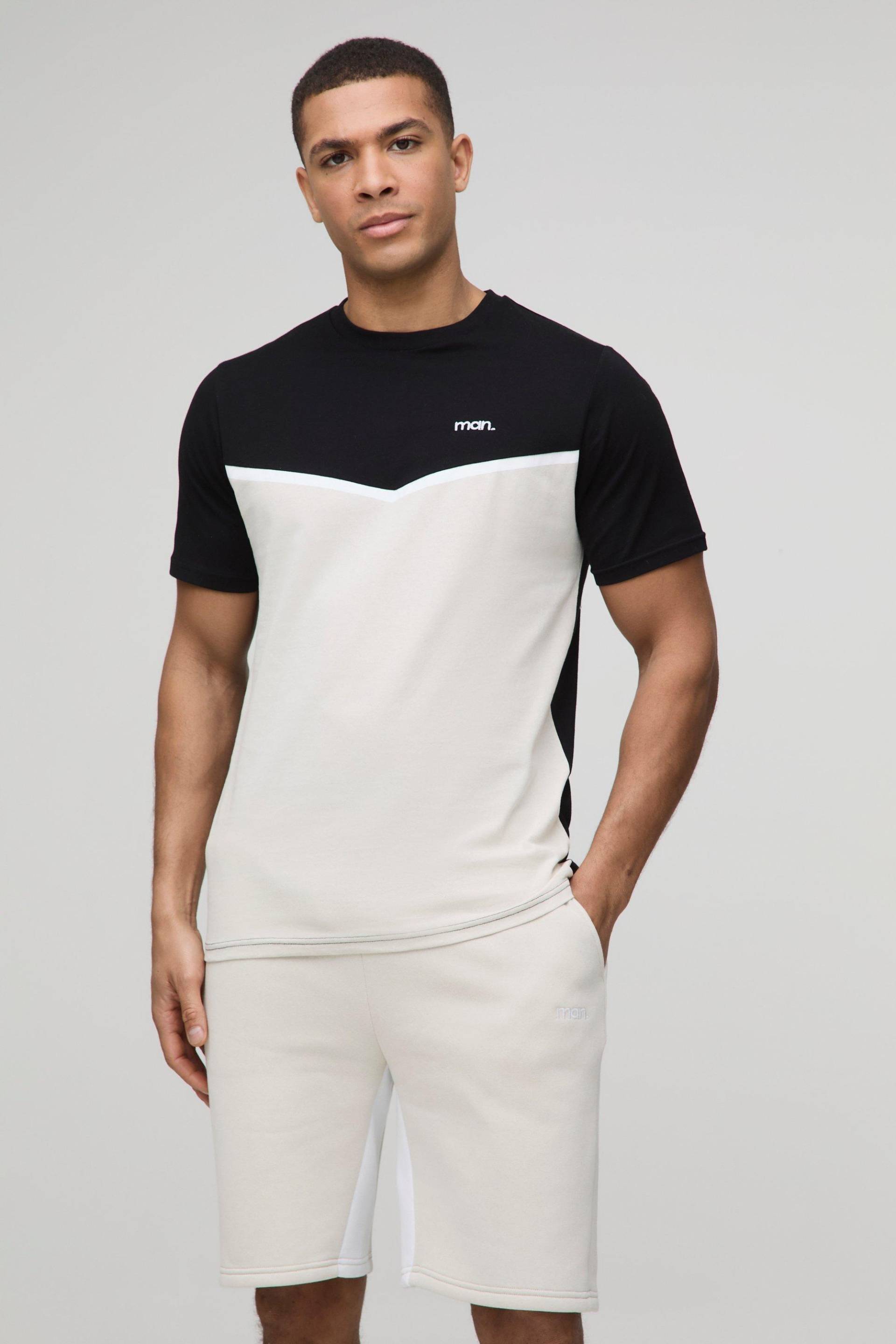 Slim-Fit Man Colorblock T-Shirt und Shorts - Schwarz - L, Schwarz von boohooman