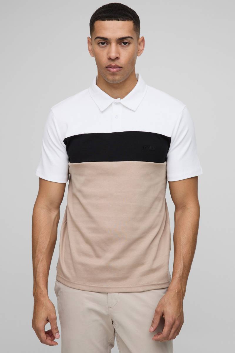 Slim-Fit Man Colorblock Poloshirt - Taupe - M, Taupe von boohooman