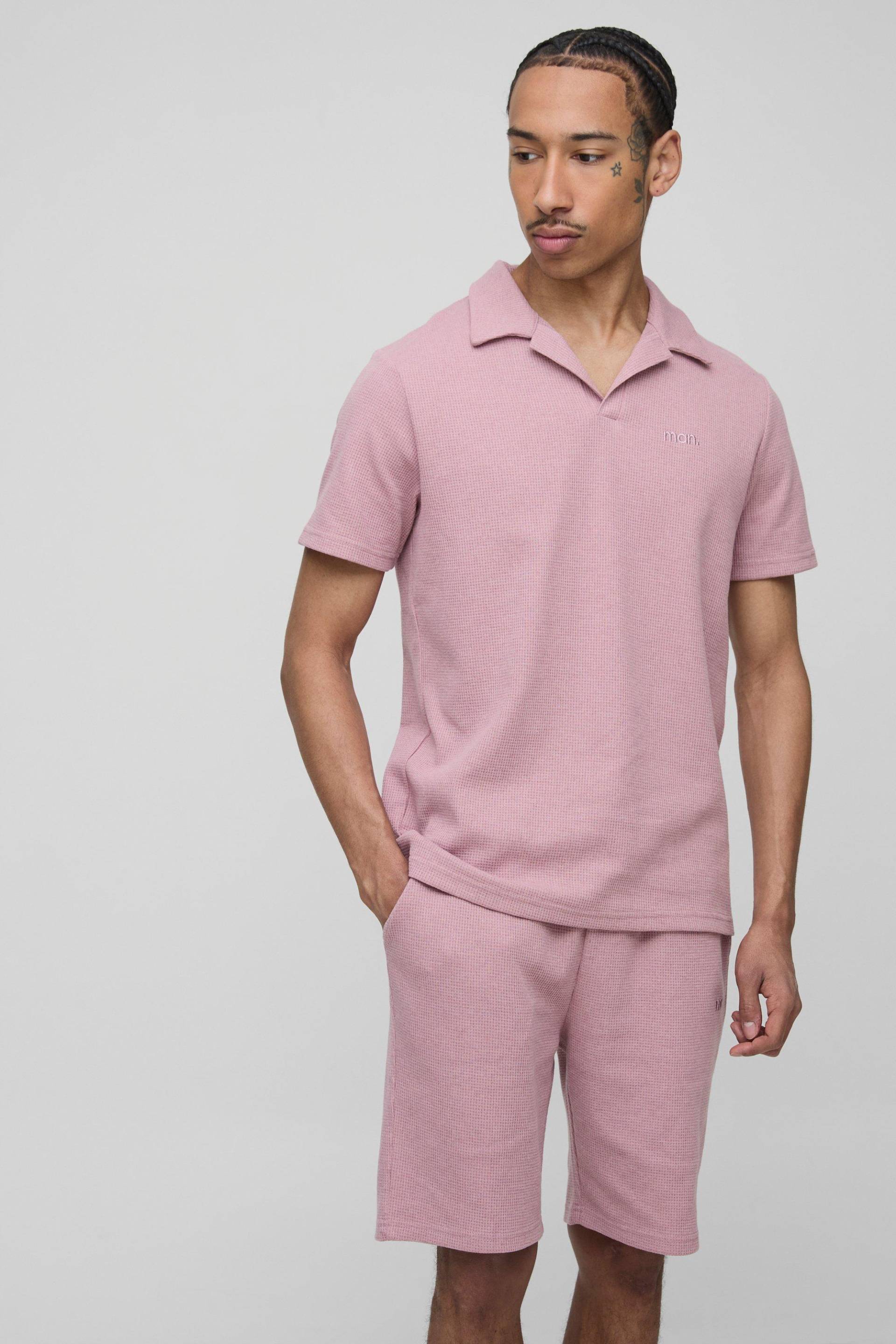Slim-Fit Man Poloshirt & Shorts in Waffeloptik - Rosa - XL, Rosa Slim-Fit Man Poloshirt & Shorts in Waffeloptik - Rosa - XL, Rosa von boohooman