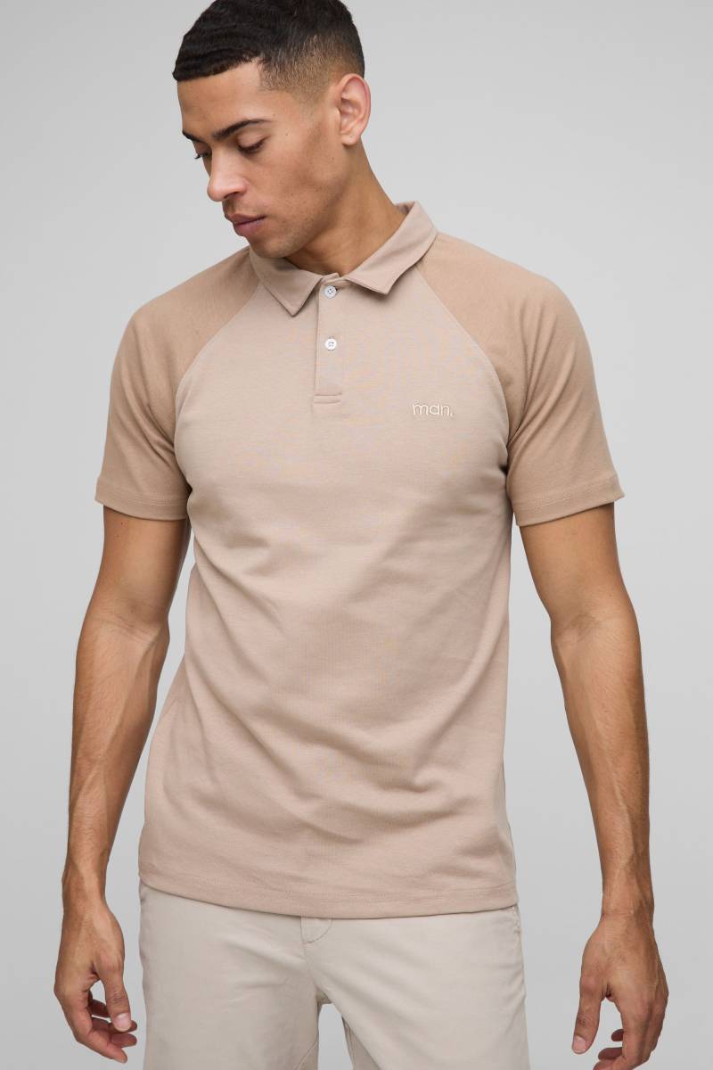Slim-Fit Man Raglan Poloshirt - Taupe - XL, Taupe von boohooman