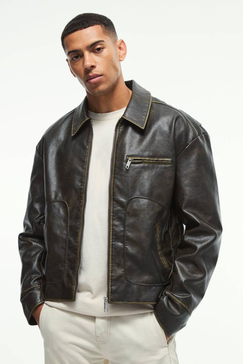 Slim-Fit PU-Bikerjacke in Khaki - L, Khaki von boohooman