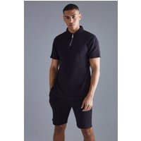 Slim-Fit Poloshirt & Shorts in Waffeloptik - Schwarz - XL, Schwarz von boohooman