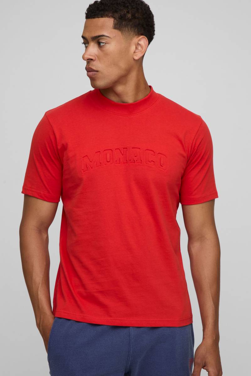 Slim-Fit T-Shirt mit Monaco-Print - Rot - XS, Rot von boohooman