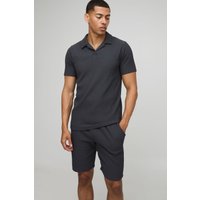 Strukturiertes geripptes Slim-Fit Poloshirt & Shorts - Grau - L, Grau von boohooman
