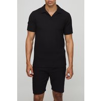Strukturiertes geripptes Slim-Fit Poloshirt & Shorts - Schwarz - M, Schwarz von boohooman