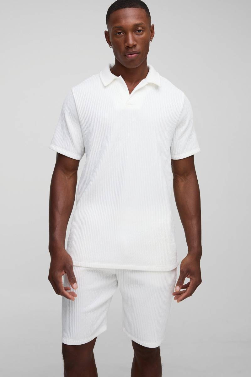 Strukturiertes geripptes Slim-Fit Poloshirt & Shorts - Weiß - M, Weiß von boohooman