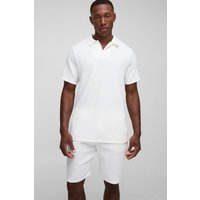 Strukturiertes geripptes Slim-Fit Poloshirt & Shorts - Weiß - XL, Weiß von boohooman