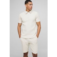 Strukturiertes geripptes Slim-Fit Poloshirt mit Reißverschluss & Shorts - Grau - XS, Grau Strukturiertes geripptes Slim-Fit Poloshirt mit Reißverschluss & Shorts - Grau - XS, Grau von boohooman