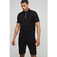 Strukturiertes geripptes Slim-Fit Poloshirt mit Reißverschluss & Shorts - Schwarz - XS, Schwarz Strukturiertes geripptes Slim-Fit Poloshirt mit Reißverschluss & Shorts - Schwarz - XS, Schwarz von boohooman