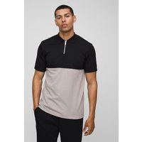 Slim-Fit Poloshirt mit Reißverschluss - Taupe - M, Taupe von boohooman