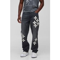 Gerade Jeans mit Kreuz-Applikation - Grau - 34R, Grau von boohooman