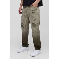 Zerrissene Jeans mit geradem Bein und Farbspritzern - Khaki - 32R, Khaki von boohooman