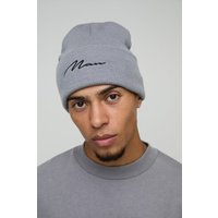 Strick Micro-Beanie mit Man-Schriftzug - Grau - ONE SIZE, Grau von boohooman
