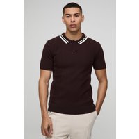 Strukturiertes Muscle-Fit Poloshirt mit vertikalen Streifen und Knopfleiste - Braun - L, Braun von boohooman