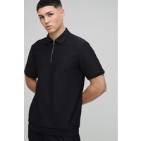 Strukturiertes gestreiftes Slim-Fit Poloshirt mit Reißverschluss-Kragen - Schwarz - XS, Schwarz von boohooman