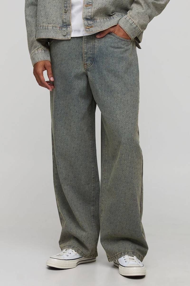Super Baggy Fit Washed Monogram Jeans - Blau - 30R, Blau von boohooman
