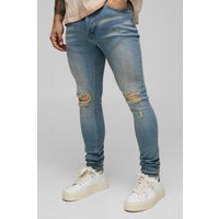 Super Skinny Jeans mit Riss am Knie - Blau - 32R, Blau von boohooman