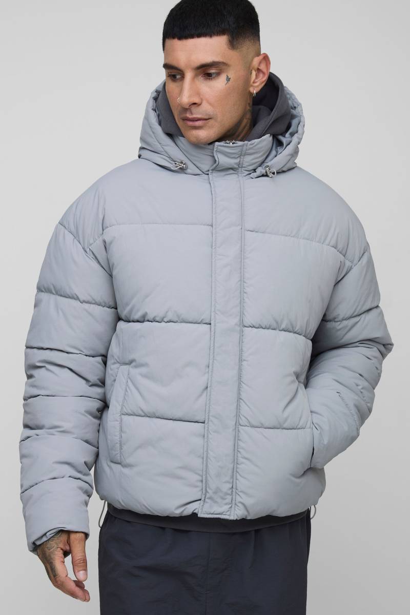 Tall Boxy Crinkle Nylon Puffer In Light Grey - Grau - XXL, Grau von boohooman