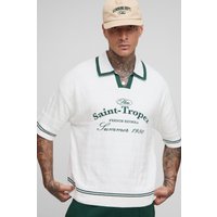 Tall kastiges Saint Tropez Strick-Poloshirt mit V-Ausschnitt - Ecru - M, Ecru von boohooman