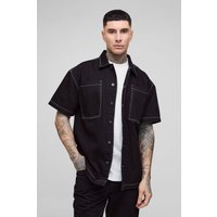 Tall kragenlose Oversize Jeansjacke mit Kontrast-Naht - Schwarz - M, Schwarz von boohooman