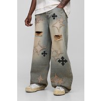 Tall lockere Jeans mit zerrissener Applikation - stonewash - 34, stonewash von boohooman