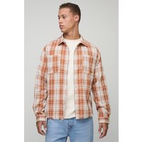 Tall Distressed Check Raw Hem Embroidered Oversized Shirt - Rot - M, Rot von boohooman