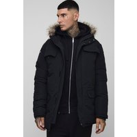 Tall schwarzer Parka mit Kapuze und Fell-Detail - XL, Schwarz von boohooman