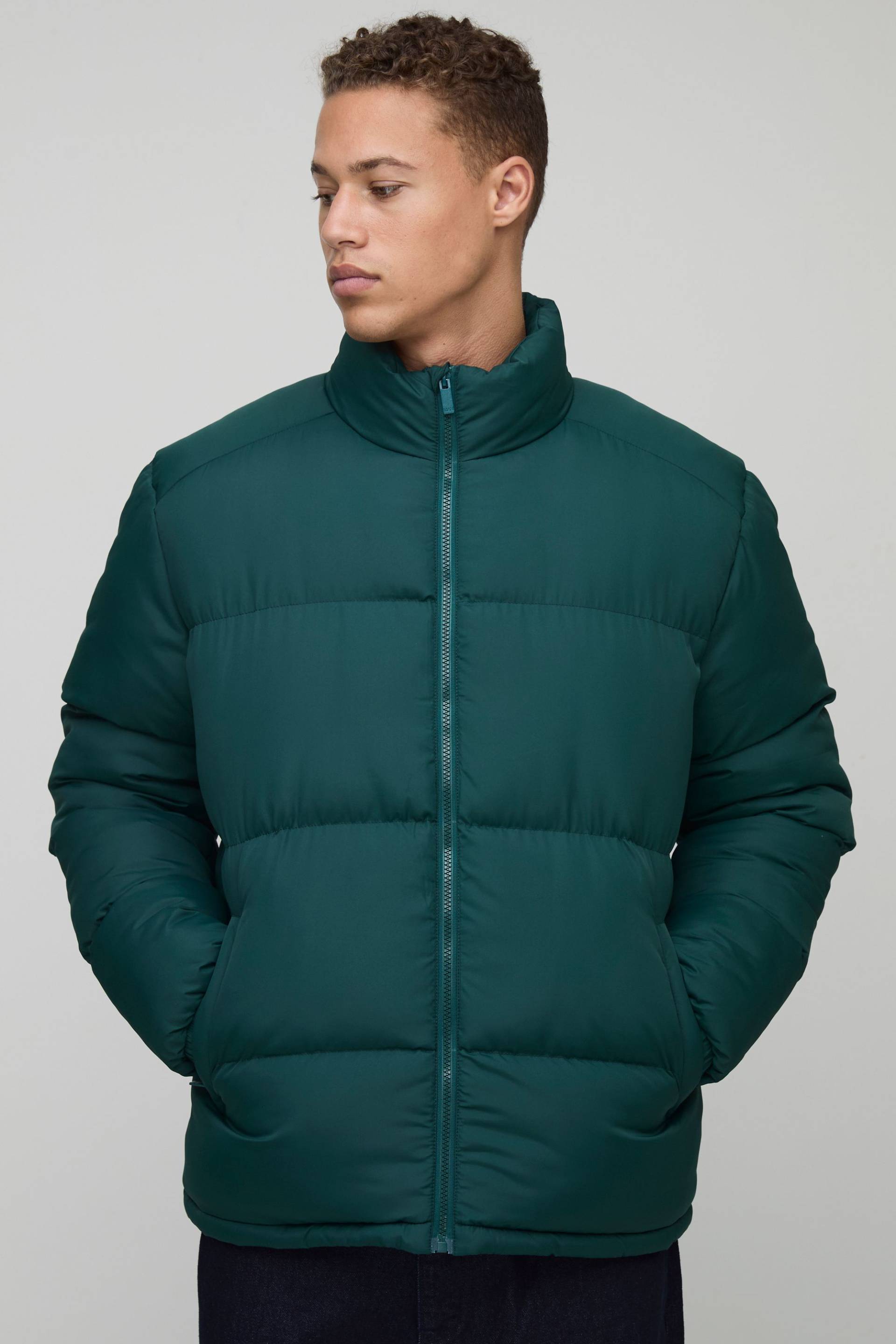 Tall Funnel Neck Regular Fit Puffer Jacket in Khaki - M, Khaki von boohooman