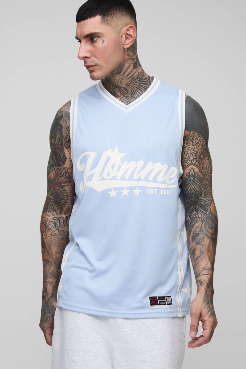 Tall Airtex vesttop mit Homme Stern Print - Blau - 2XL, Blau Tall Airtex vesttop mit Homme Stern Print - Blau - 2XL, Blau von boohooman