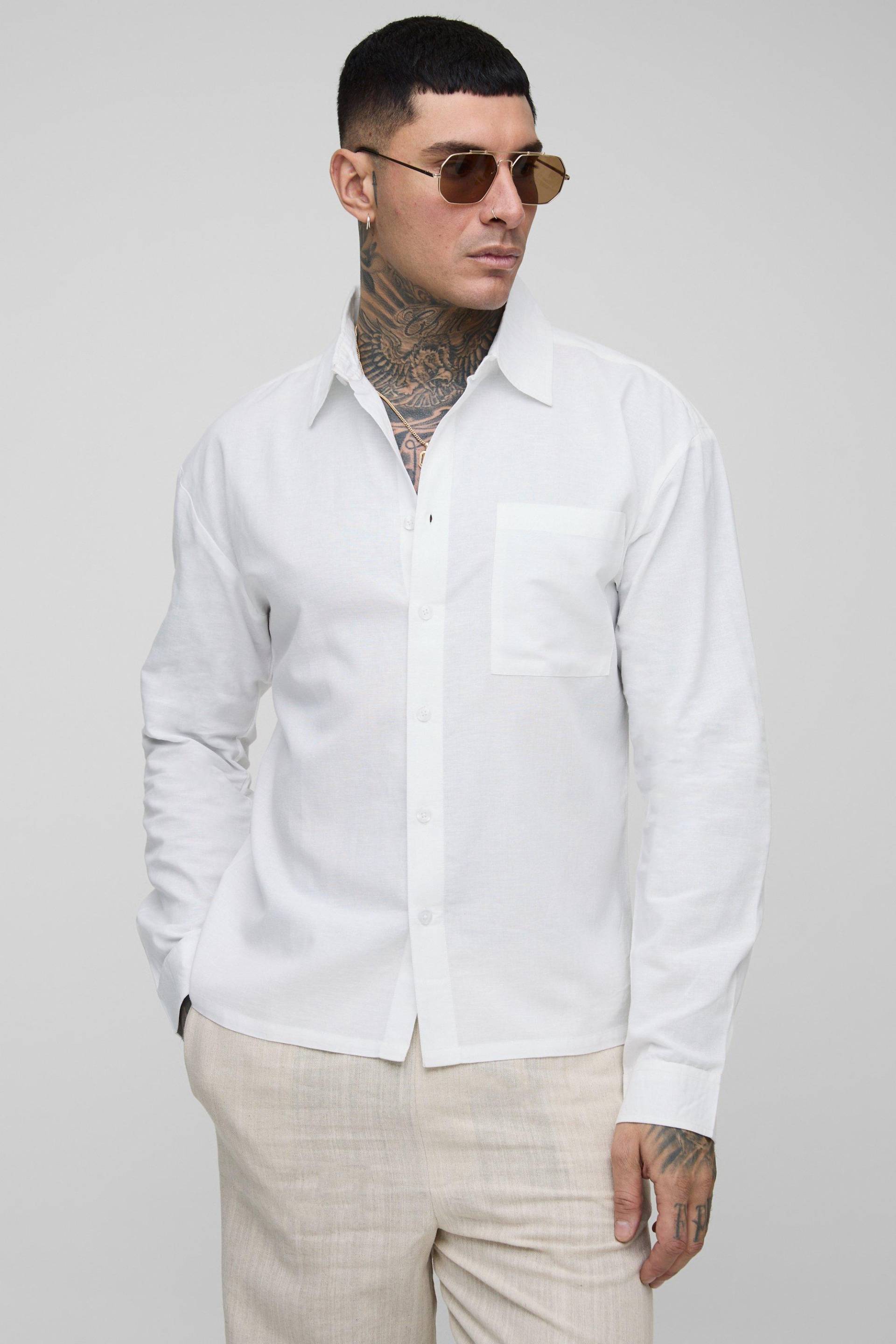 Tall langärmliges Overshirt in Leinenoptik - Weiß - L, Weiß Tall langärmliges Overshirt in Leinenoptik - Weiß - L, Weiß von boohooman