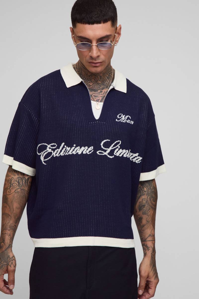 Tall kastiges geripptes Oversize Man Poloshirt - Blau - 2XL, Blau von boohooman